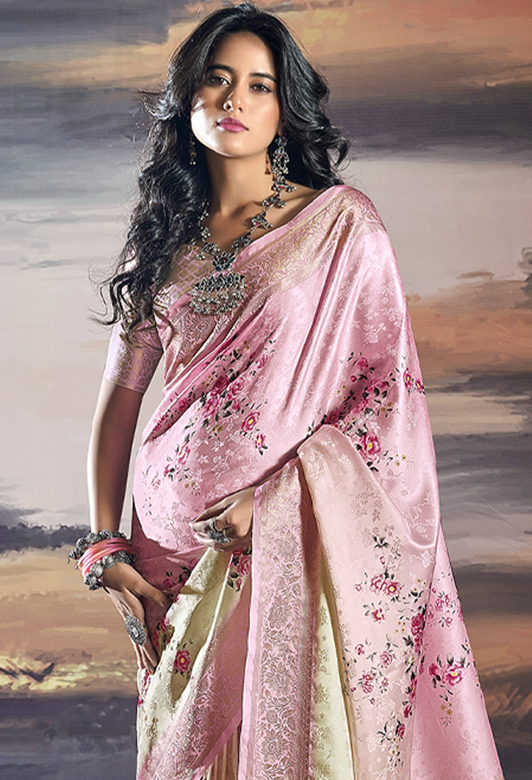 Pastel Pink and Pearl Bush   Pure Satin with Handwoven Dual Shade & Floral Digital Print