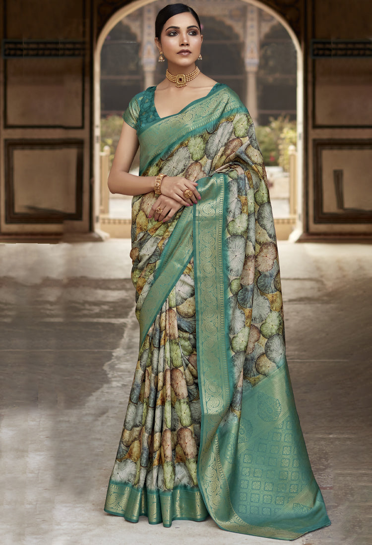 Greenish Cyan Pure Silk with Digital Print