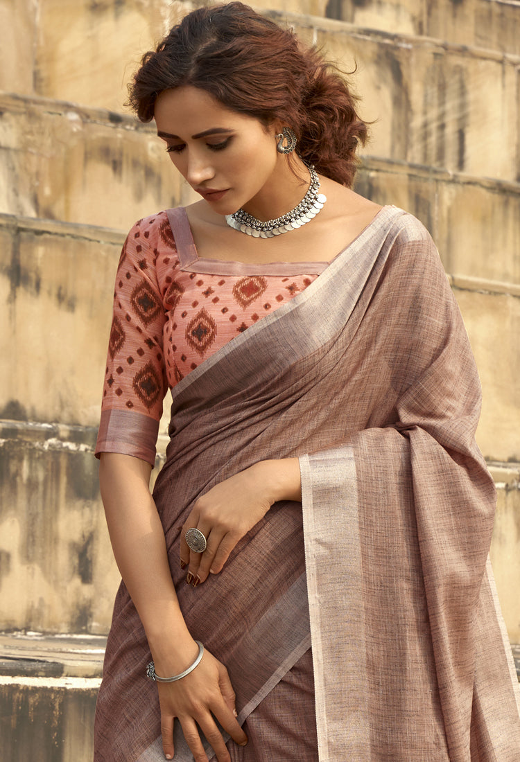 Rose Brown Soft Linen Silk With Khadi Print