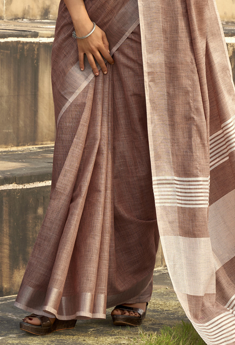 Rose Brown Soft Linen Silk With Khadi Print