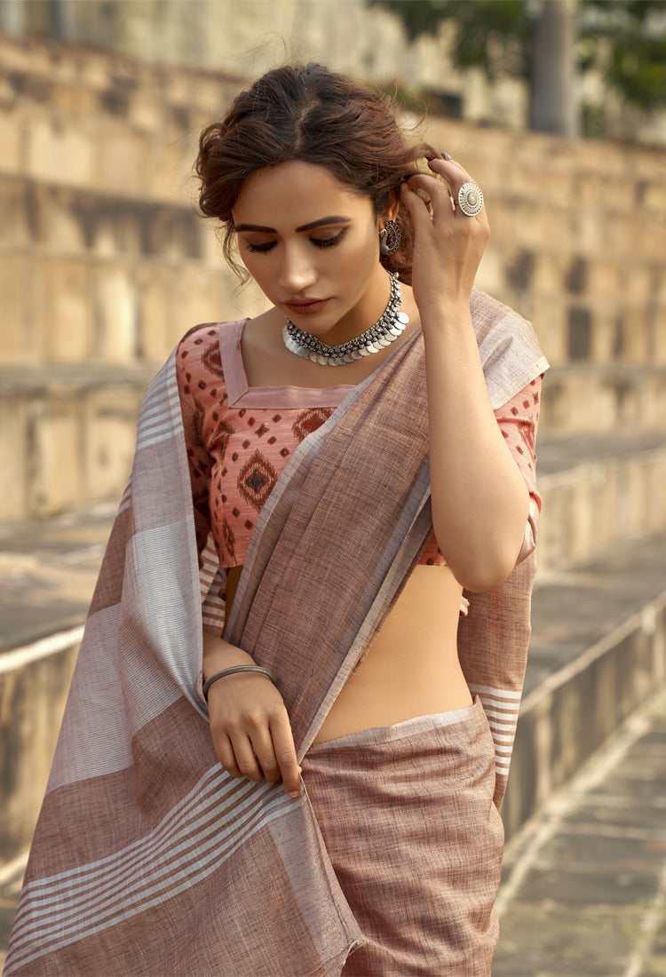 Rose Brown Soft Linen Silk With Khadi Print