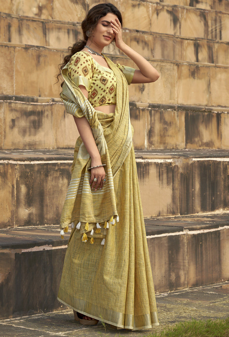 Olive Yellow Soft Linen Silk With Khadi Print