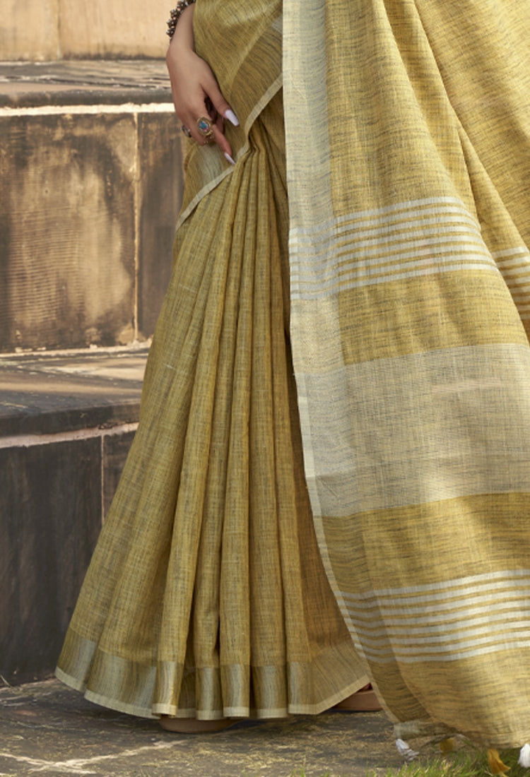 Olive Yellow Soft Linen Silk With Khadi Print