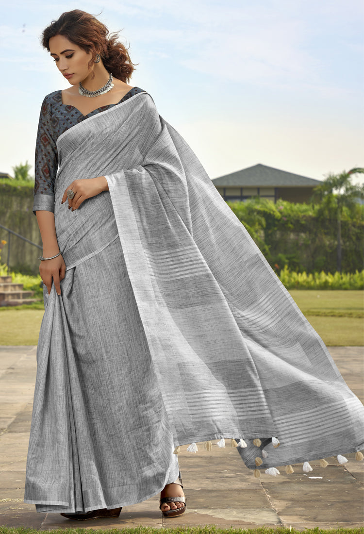 Warm Gray Soft Linen Silk With Khadi Print