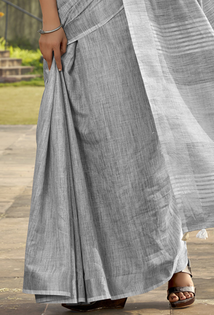 Warm Gray Soft Linen Silk With Khadi Print