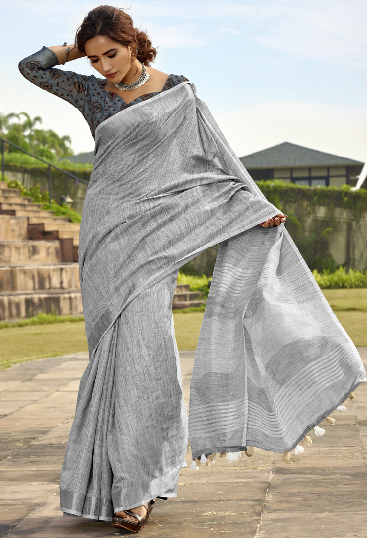 Warm Gray Soft Linen Silk With Khadi Print