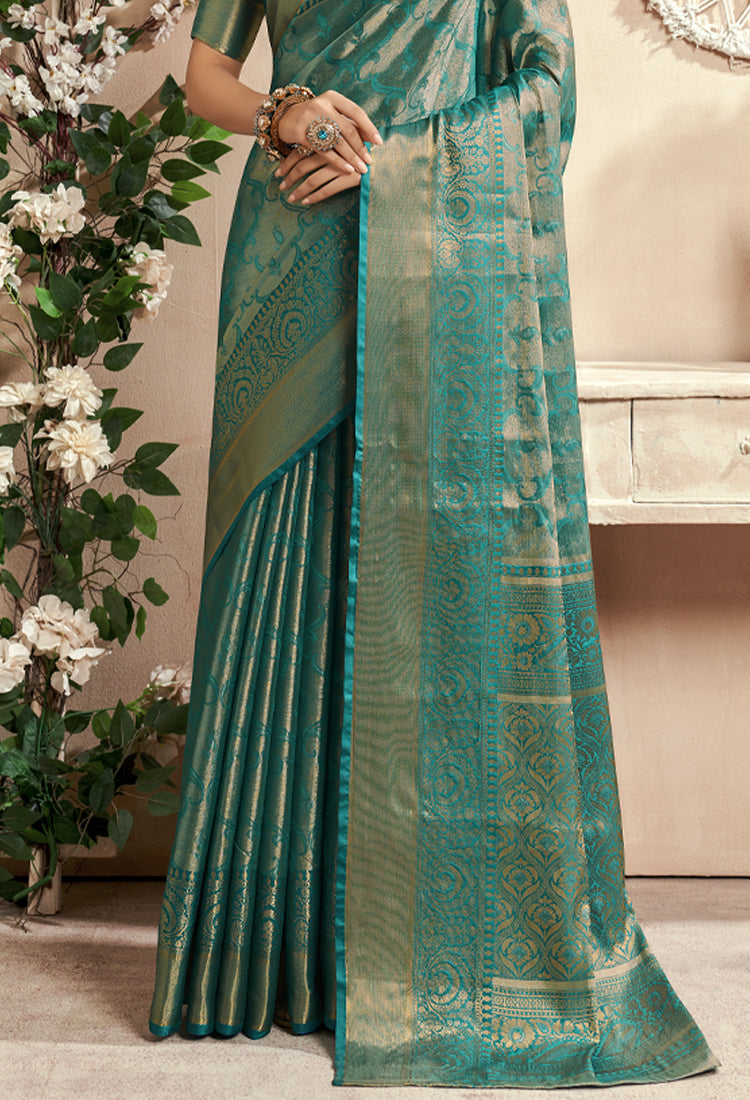 Greenish Cyan Puri Dharmavaram With Zari Weaving