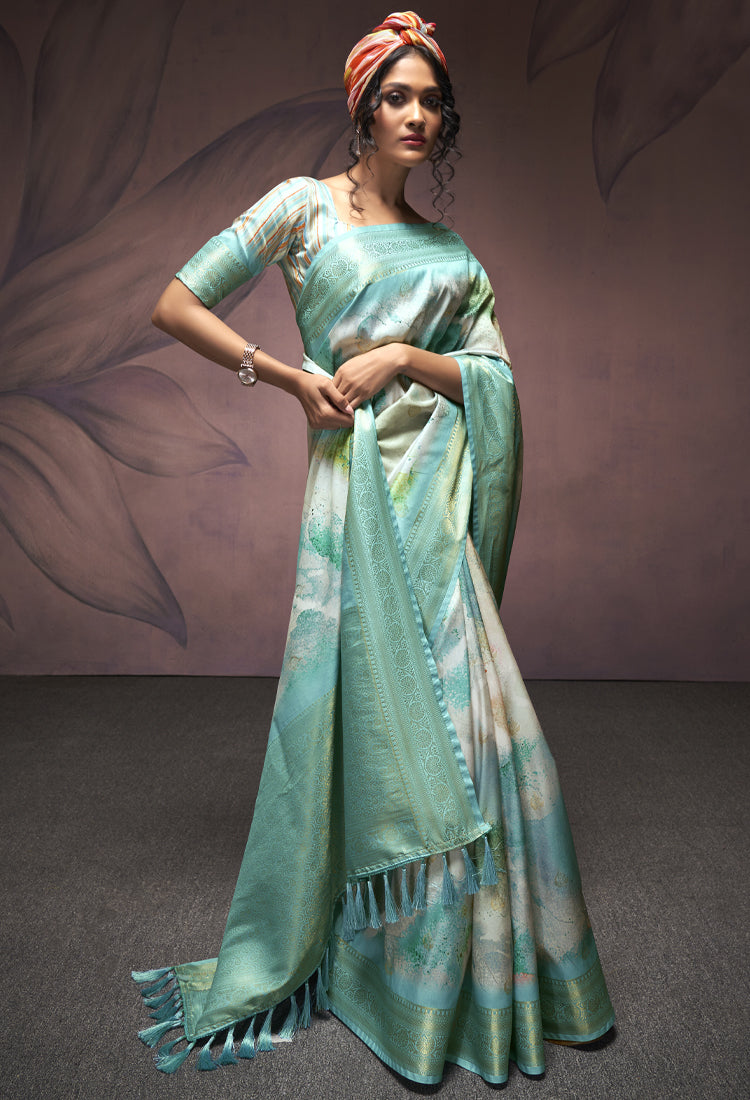 Greeny Blue  Soft Silk With Digital Print