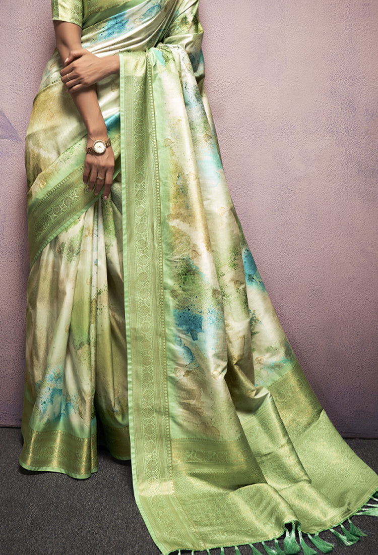 Olive Green  Soft Silk With Digital Print