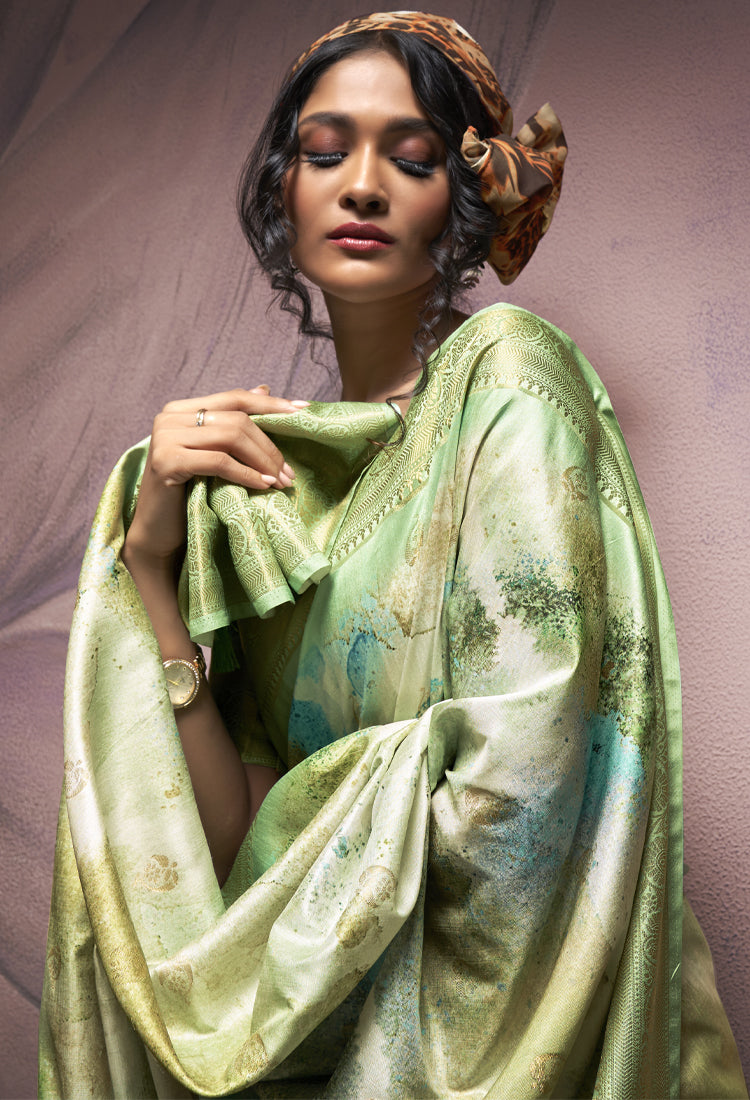 Olive Green  Soft Silk With Digital Print