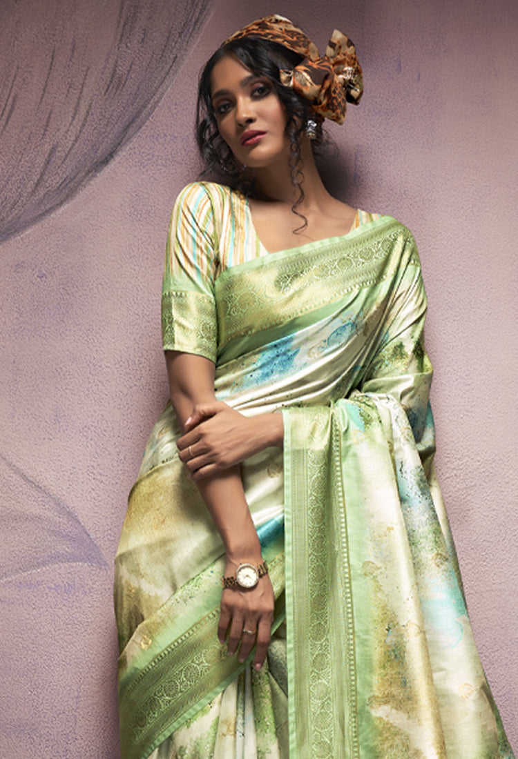 Olive Green  Soft Silk With Digital Print