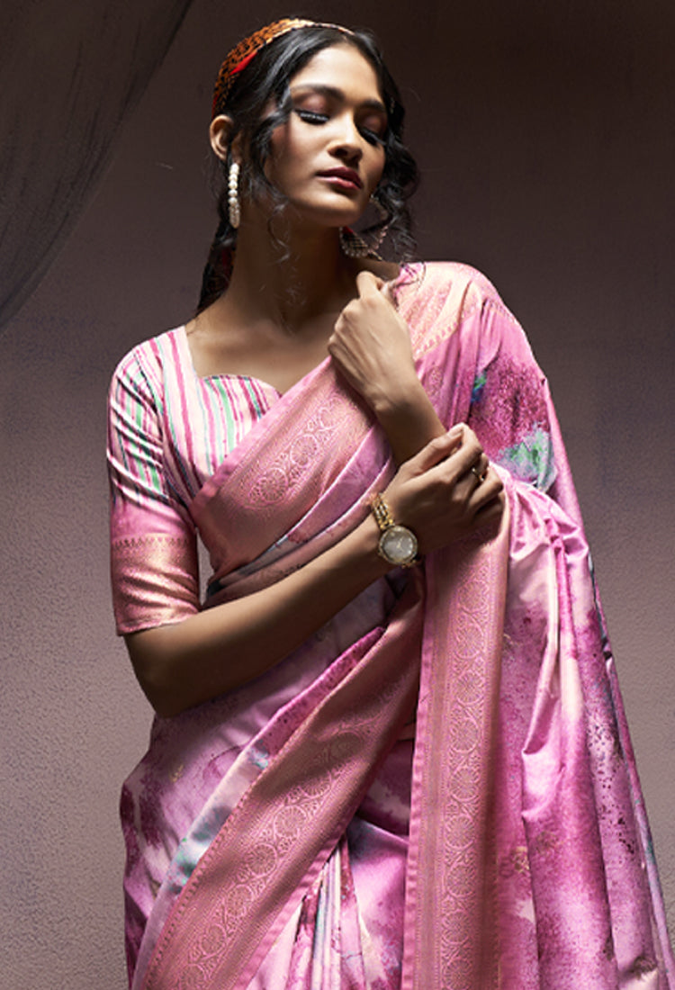 Pastel Pink Soft Silk With Digital Print