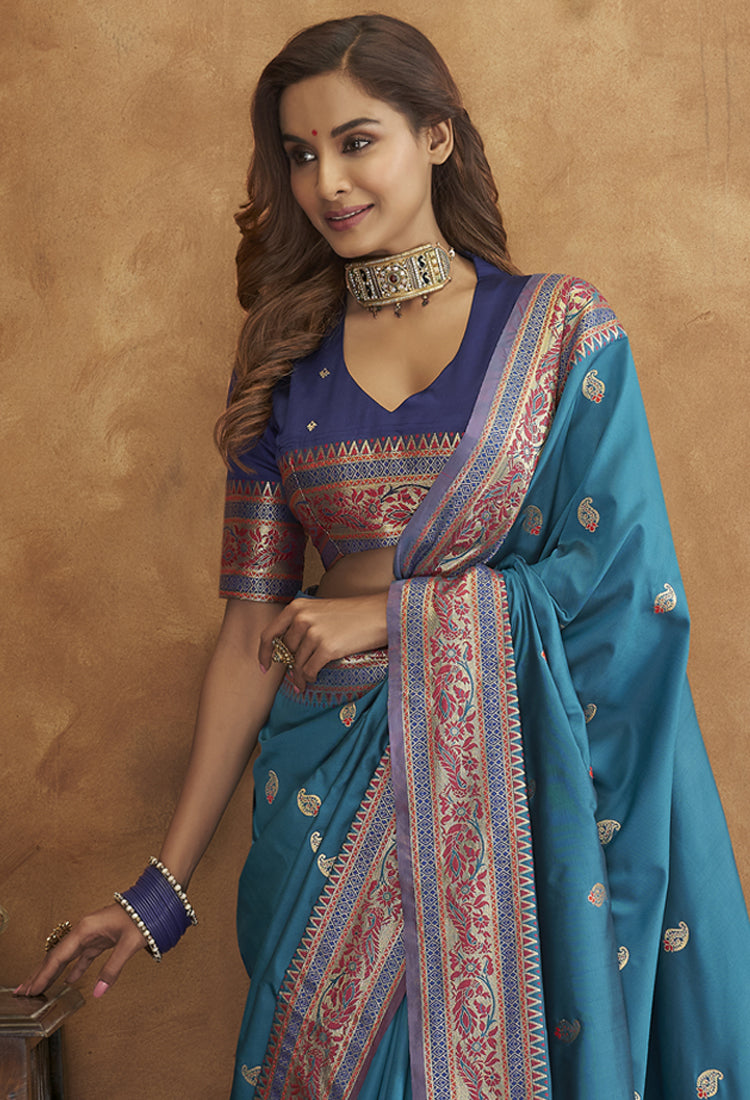 Teal Blue  Banarsi Soft Silk