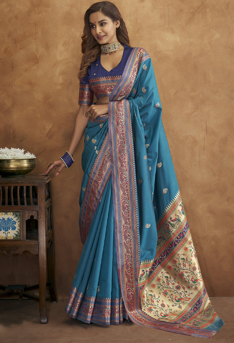 Teal Blue  Banarsi Soft Silk