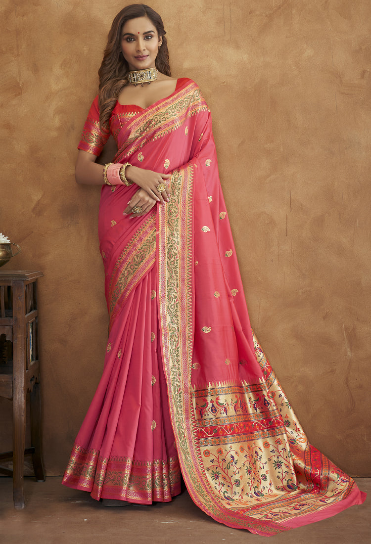 Carmine Pink Banarsi Soft Silk