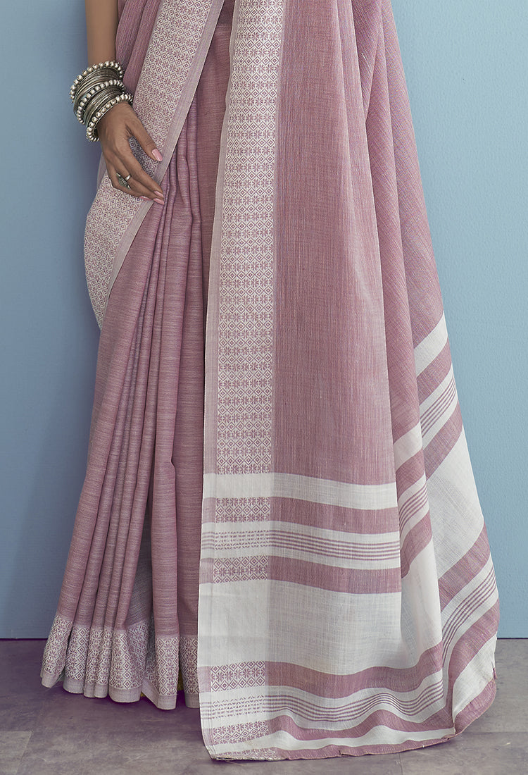 Turkish Rose Soft Linen Silk With Chikankari Weaved Border