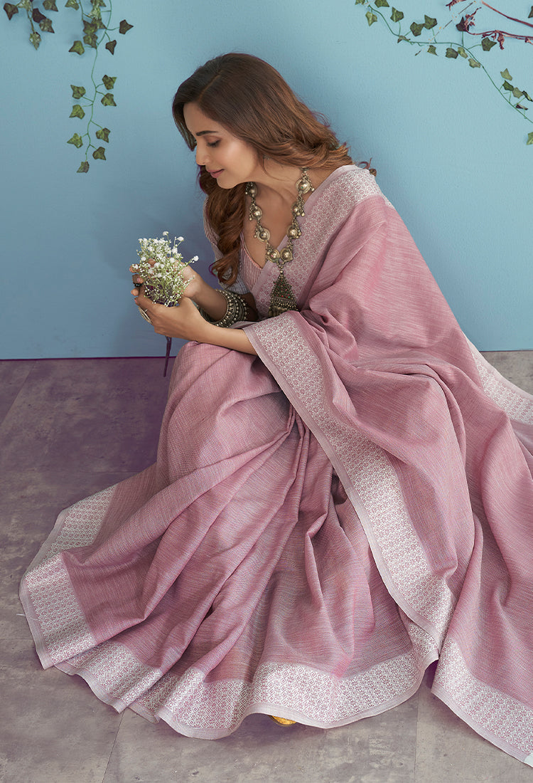 Turkish Rose Soft Linen Silk With Chikankari Weaved Border