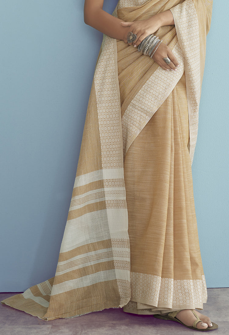 Dark Sand Soft Linen Silk With Chikankari Weaved Border