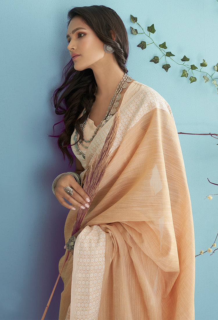 Dark Sand Soft Linen Silk With Chikankari Weaved Border