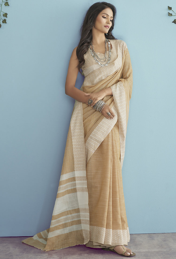 Dark Sand Soft Linen Silk With Chikankari Weaved Border