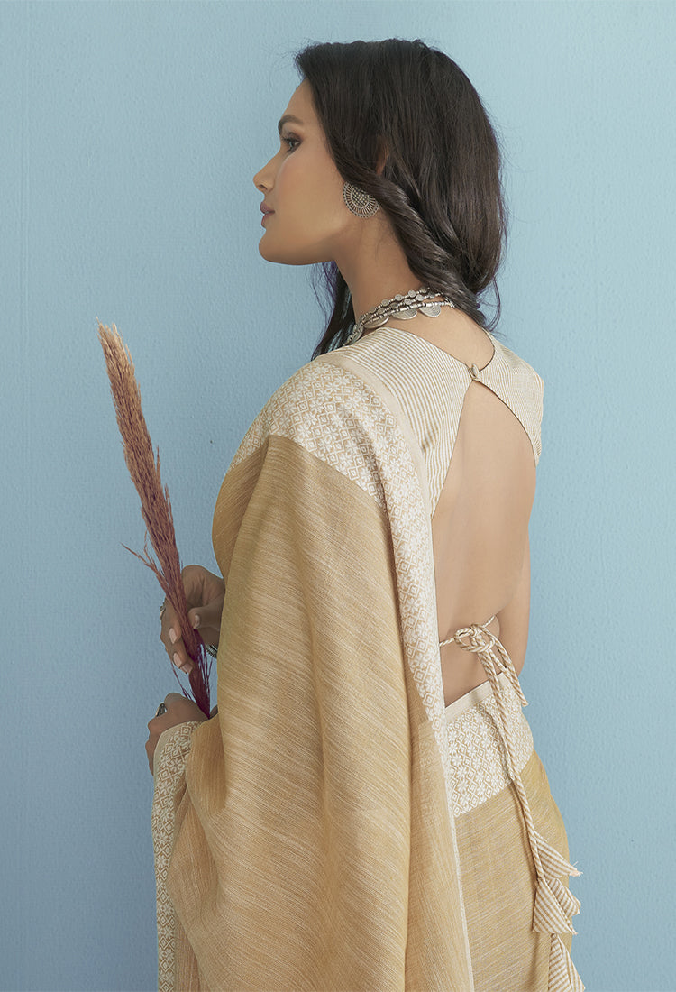 Dark Sand Soft Linen Silk With Chikankari Weaved Border