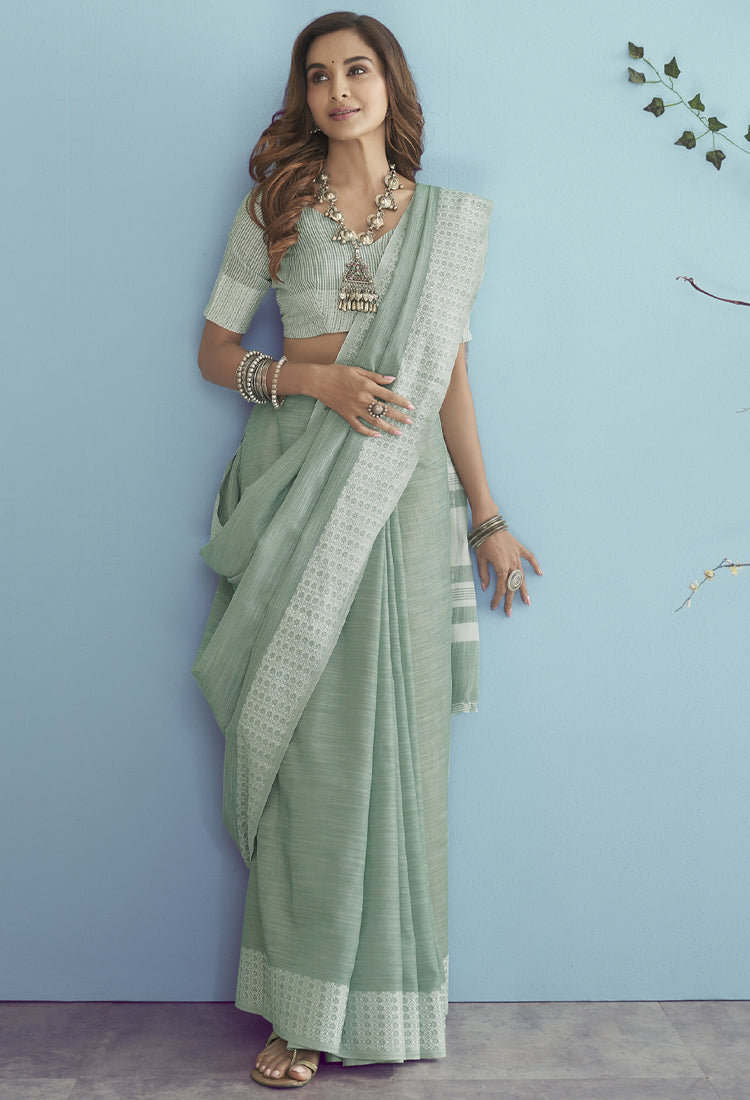 Pastel Green  Soft Linen Silk With Chikankari Weaved Border