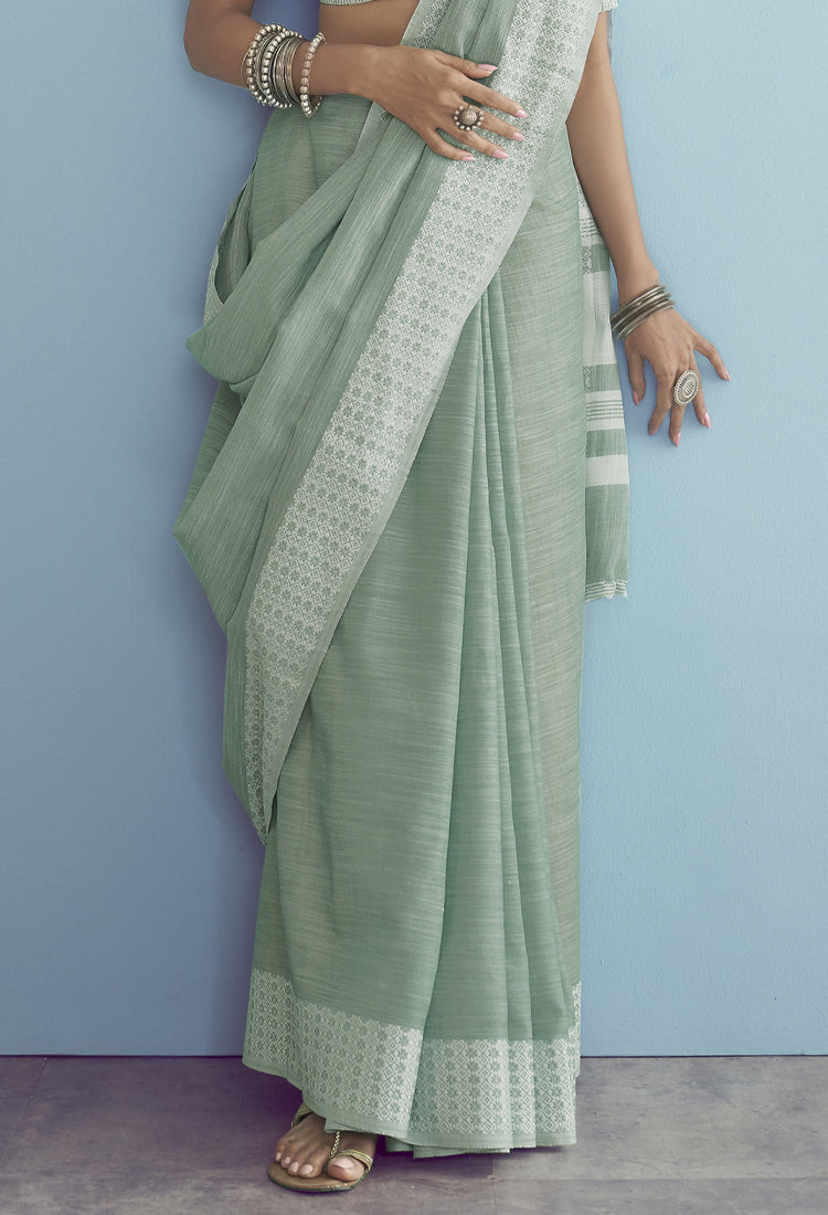 Pastel Green  Soft Linen Silk With Chikankari Weaved Border