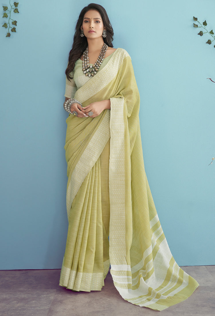 Pale Yellow  Soft Linen Silk With Chikankari Weaved Border