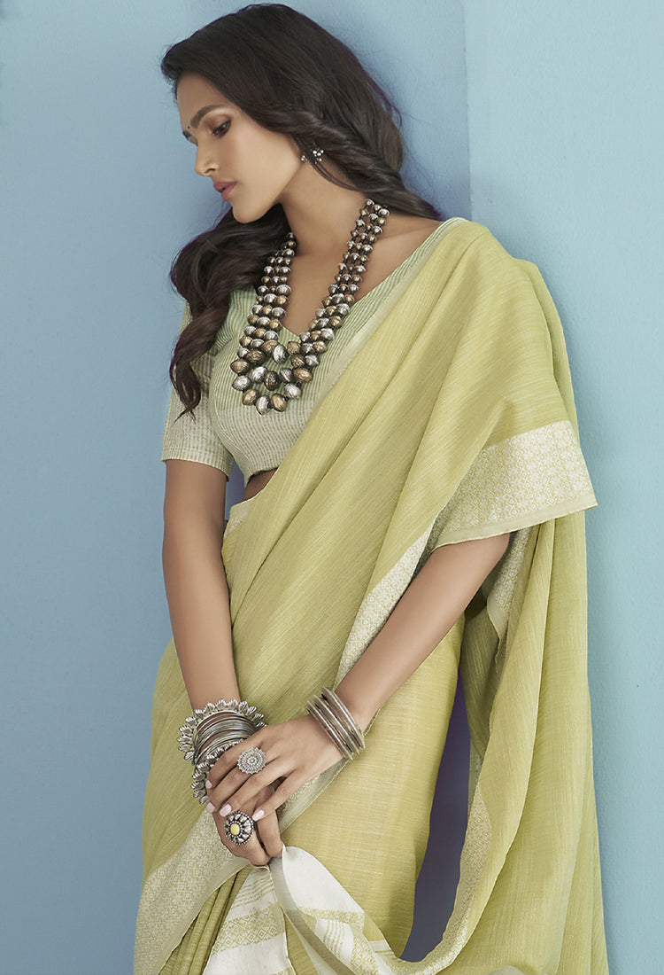 Pale Yellow  Soft Linen Silk With Chikankari Weaved Border