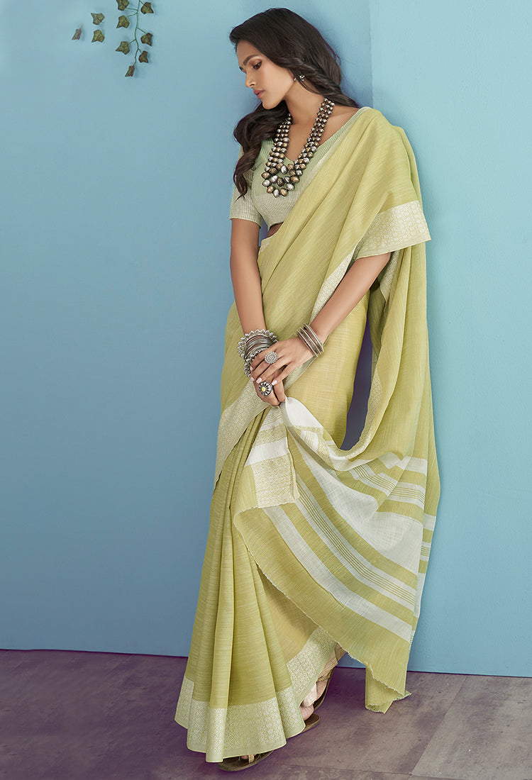 Pale Yellow  Soft Linen Silk With Chikankari Weaved Border