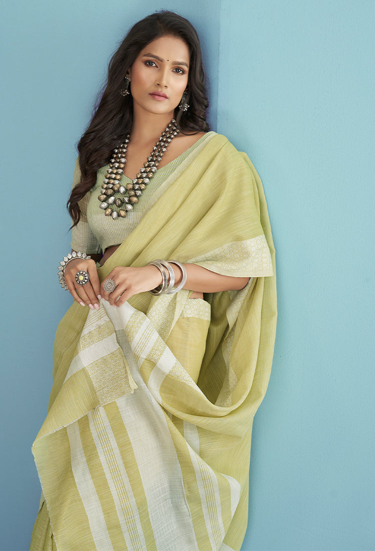 Pale Yellow  Soft Linen Silk With Chikankari Weaved Border