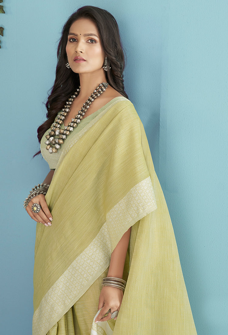 Pale Yellow  Soft Linen Silk With Chikankari Weaved Border