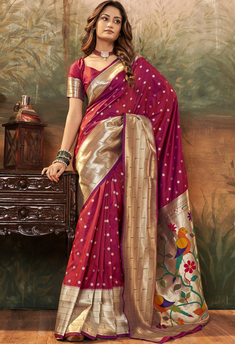 Magenta Pink Pure Paithani Silk With Zari Weaving