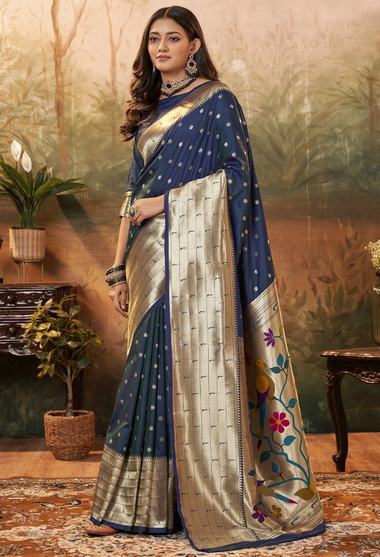 Nile Blue Pure Paithani Silk With Zari Weaving