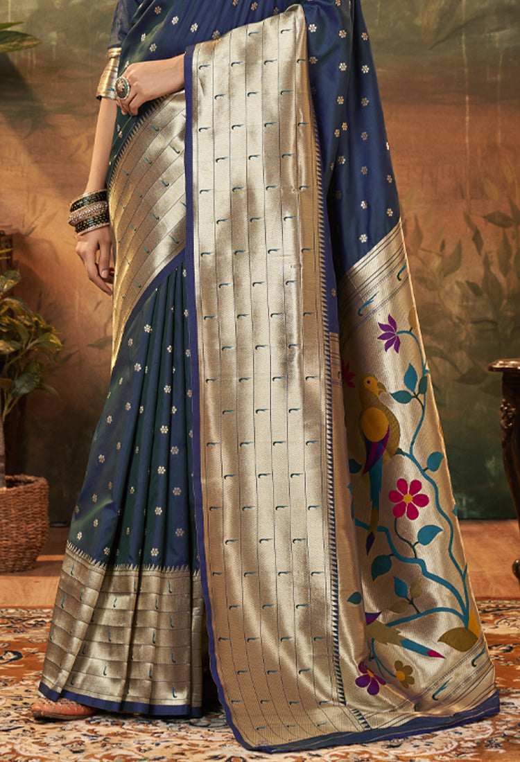 Nile Blue Pure Paithani Silk With Zari Weaving