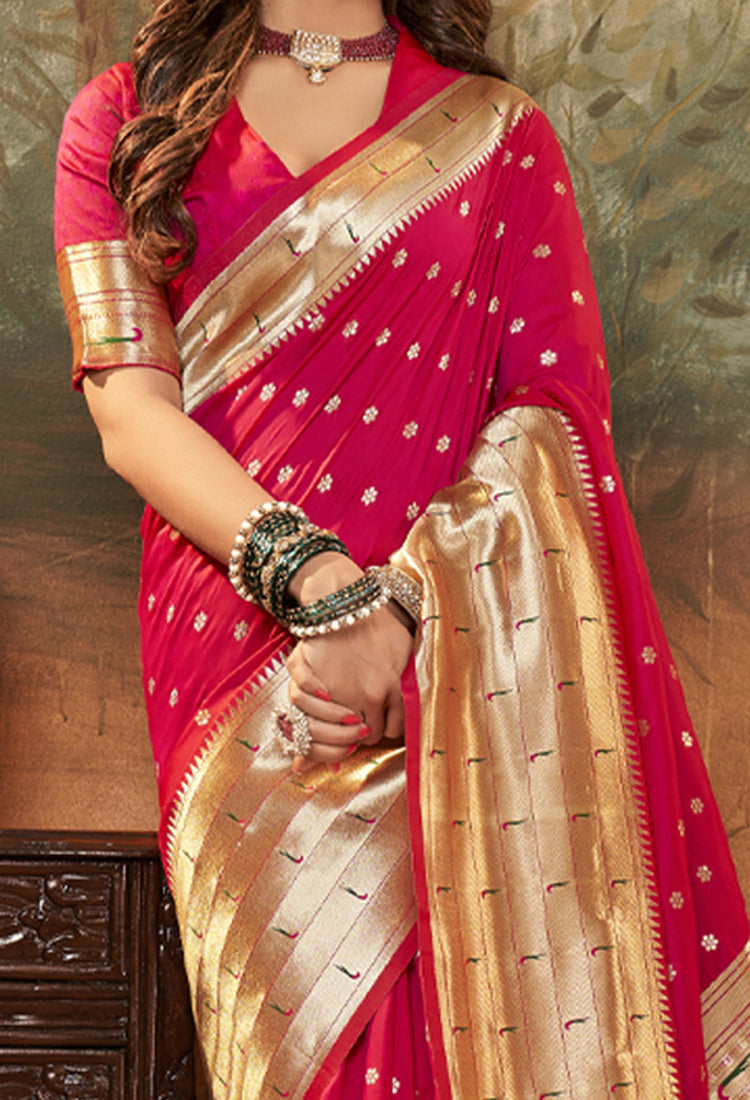 Pinkish Red Pure Paithani Silk With Zari Weaving