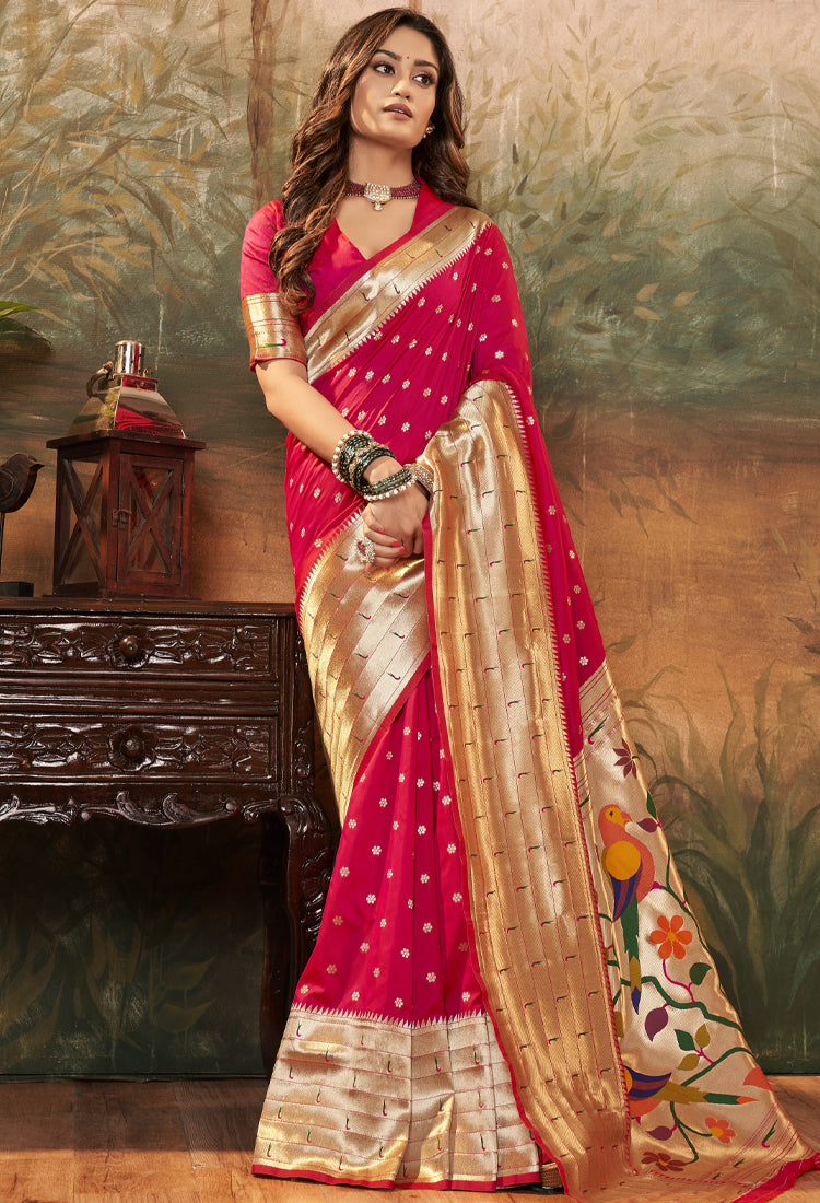 Pinkish Red Pure Paithani Silk With Zari Weaving