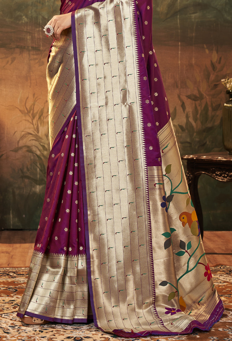 Wine Pure Paithani Silk With Zari Weaving