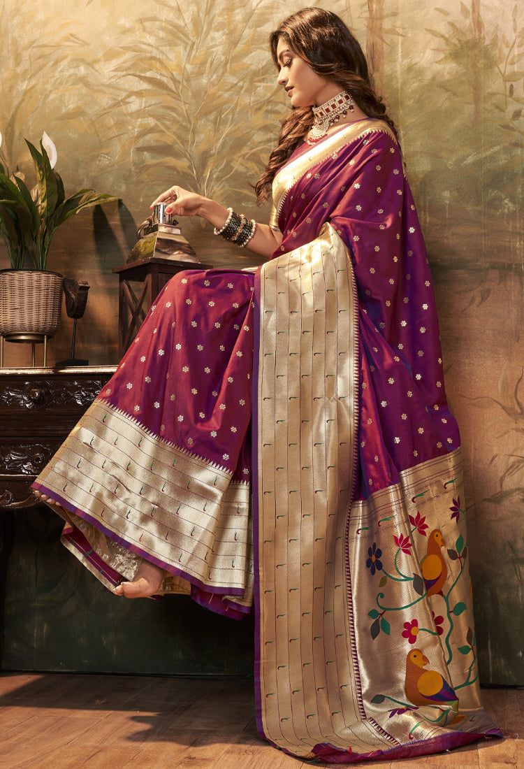 Wine Pure Paithani Silk With Zari Weaving