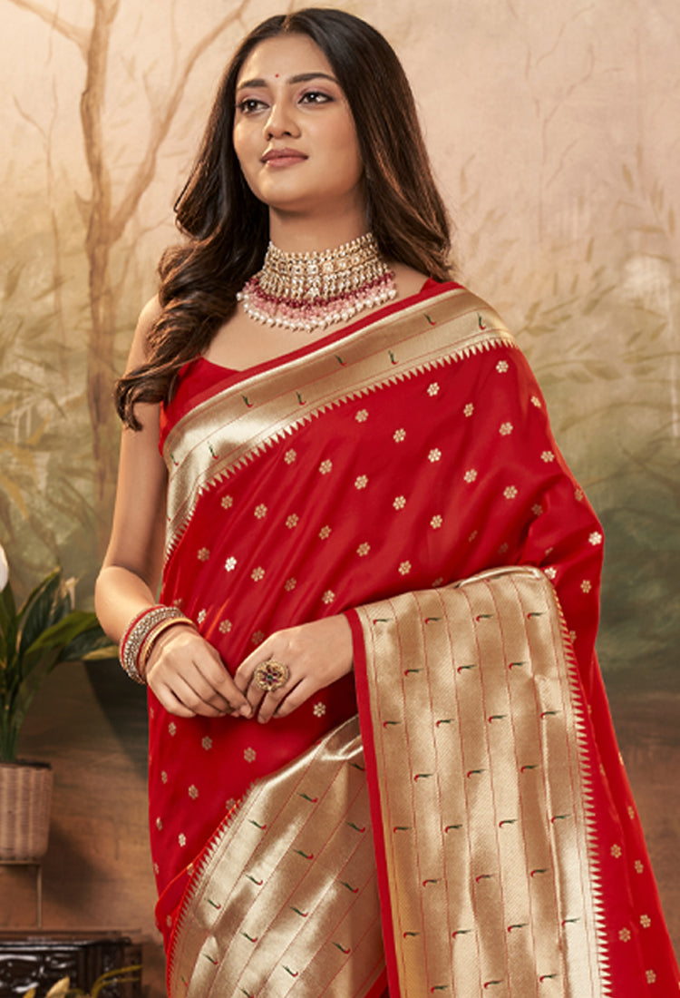 Red Berry Pure Paithani Silk With Zari Weaving