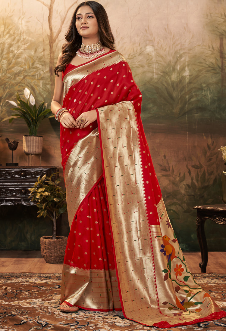 Red Berry Pure Paithani Silk With Zari Weaving