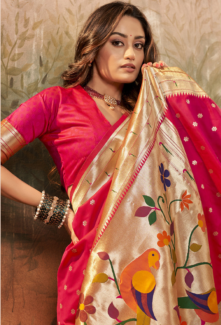 Lipstick Red Pure Paithani Silk With Zari Weaving