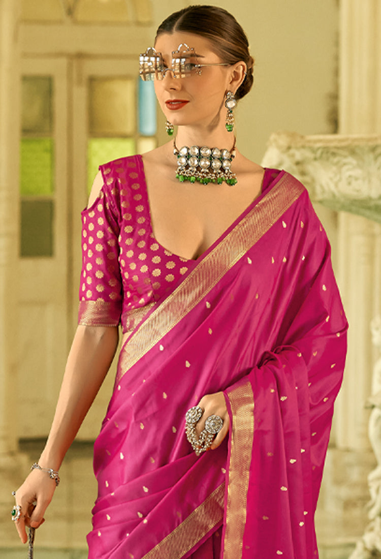 Rani Pink Pure Sattin Handwoven With Zari Weaving