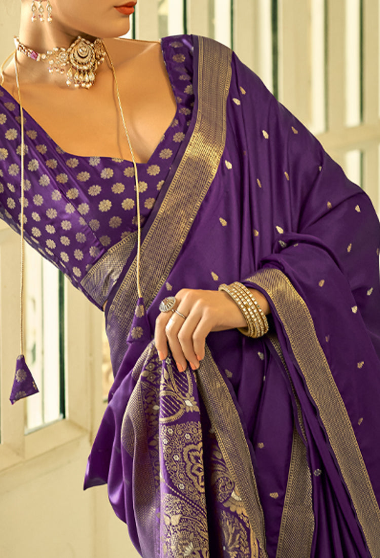 Grape Purple Pure Sattin Handwoven With Zari Weaving