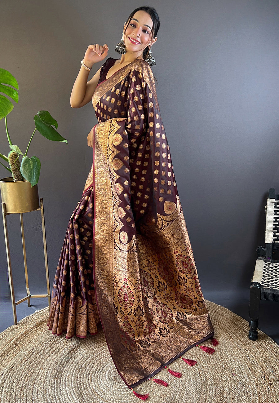 Luxurious Maroon Banarasi Katan Silk Saree