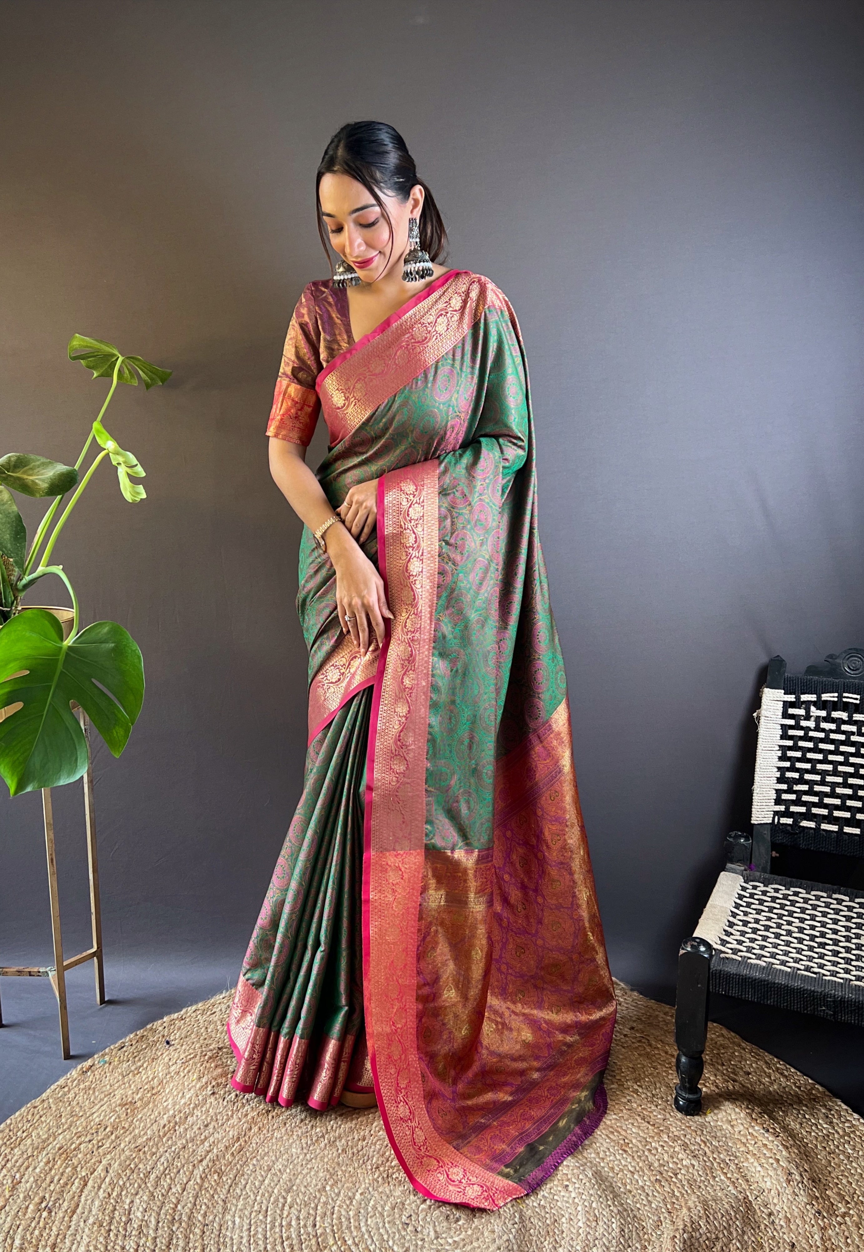 Emerald Glow Silk Sarees with kashmiri weaves