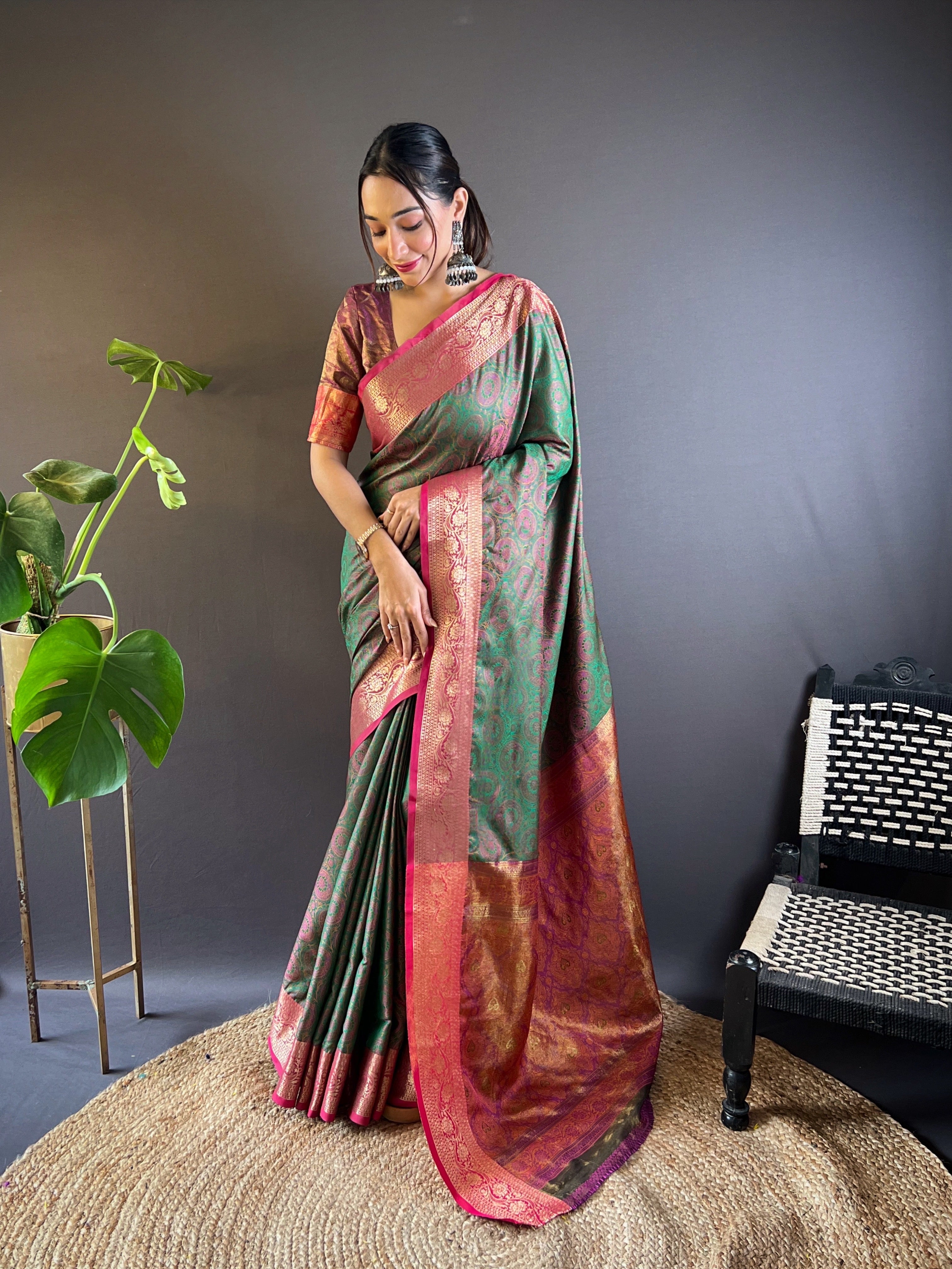 Emerald Glow Silk Sarees with kashmiri weaves