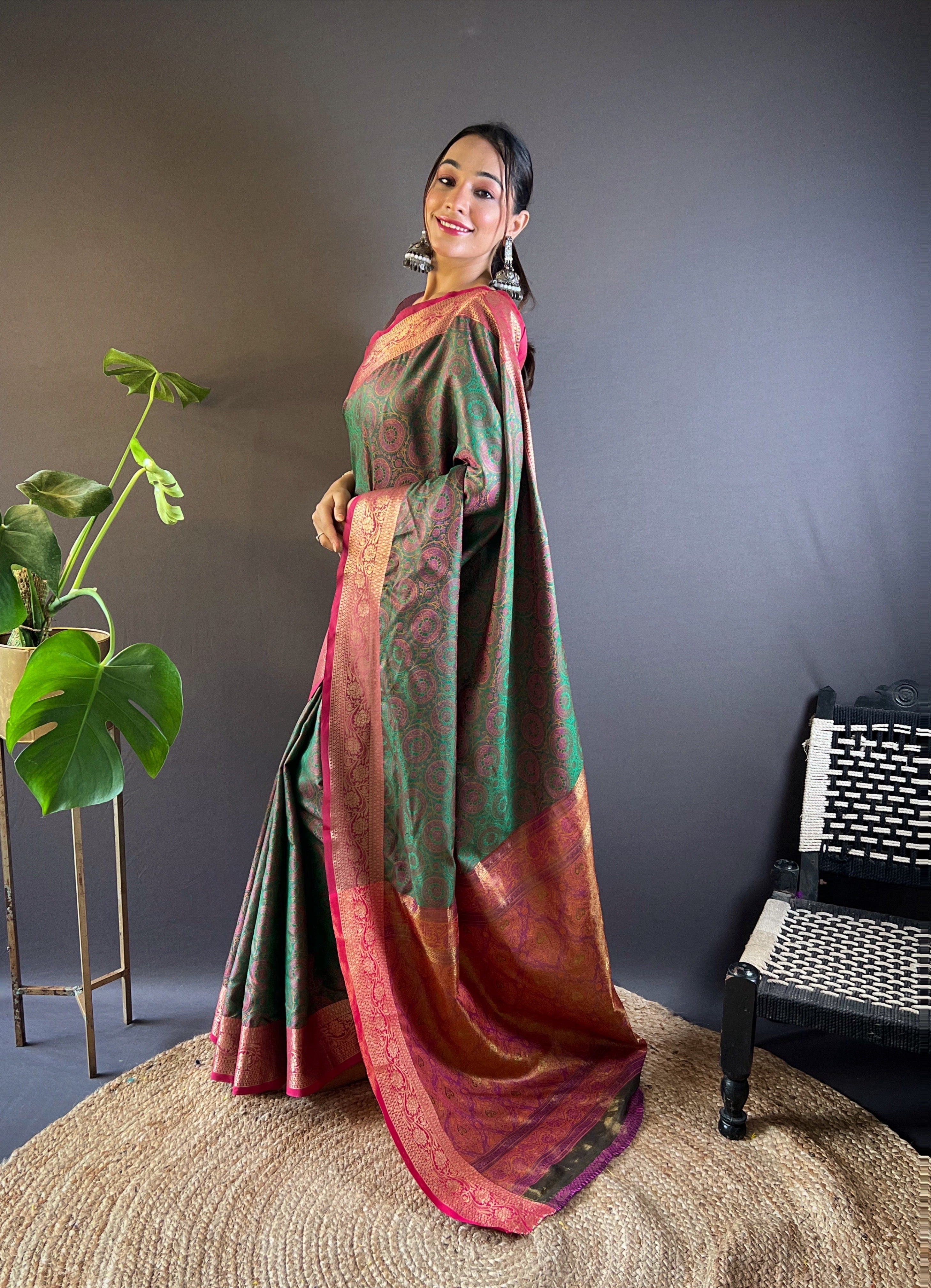 Emerald Glow Silk Sarees with kashmiri weaves