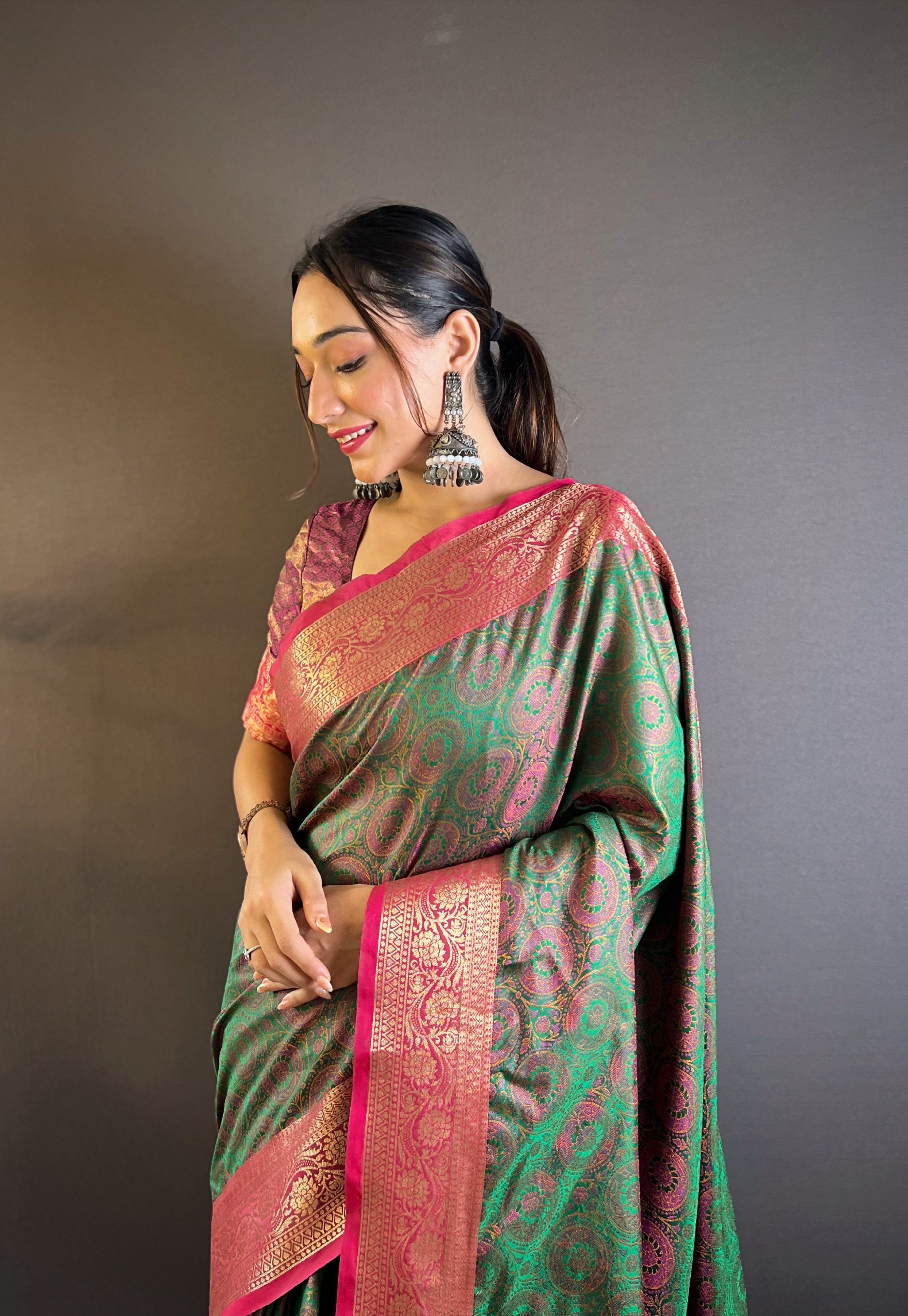 Emerald Glow Silk Sarees with kashmiri weaves
