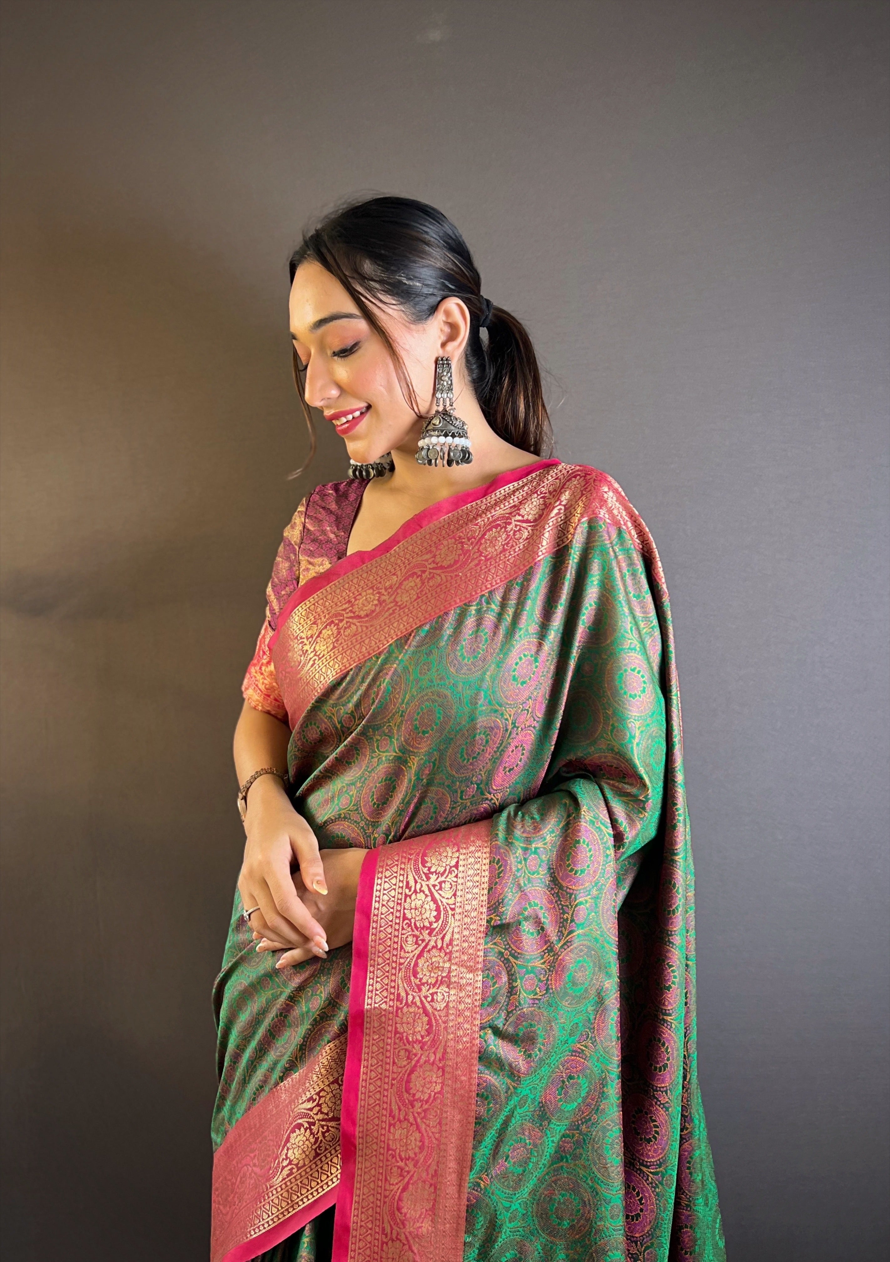 Emerald Glow Silk Sarees with kashmiri weaves